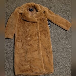 Elegant Tan Faux Fur Trench Coat